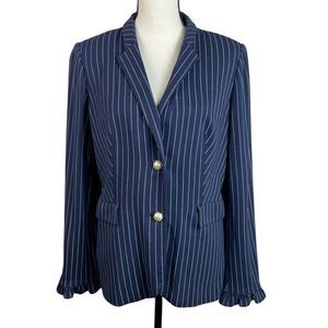 Chico’s Pinstripe Blazer Jacket Size 1 Medium Navy Blue Pearl Button Ruffle Cuff